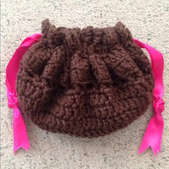 HAND CRAFTED Drawstring Wristlet Baguette Vintage Crochet Brown Pink - Picture 1 of 9